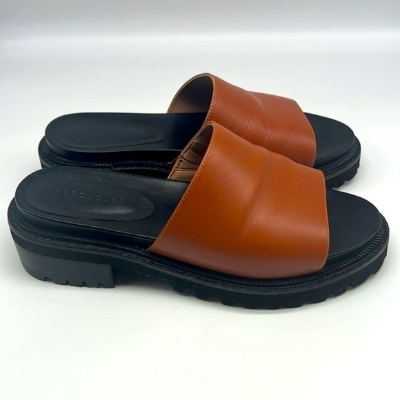 Aerosoles - Lucas Brown Leather Open Toe Chunky Black Soles Slide Sandals Size 8 - Picture 2 of 15